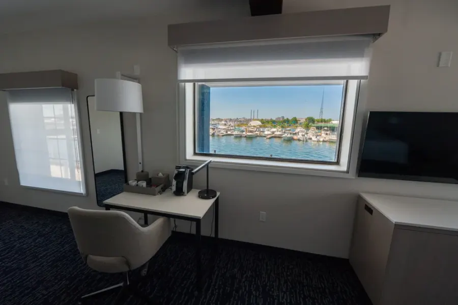 Guest room window with harbor view